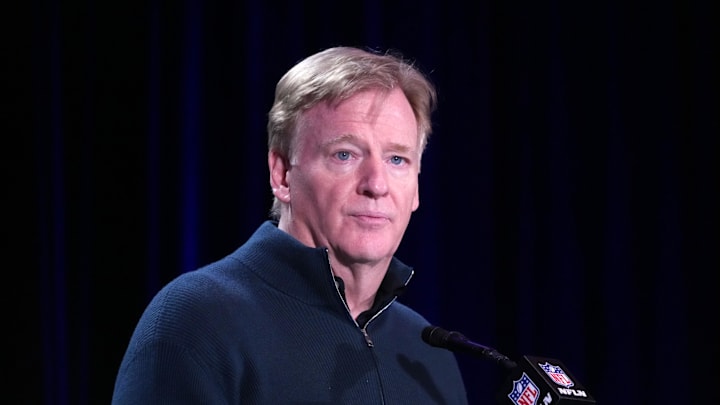 Feb 9, 2026; San Francisco, CA, USA; NFL commissioner Roger Goodell speaks at the Super Bowl LX host committee handoff press conference at Moscone Center. Mandatory Credit: Kirby Lee-Imagn Images
