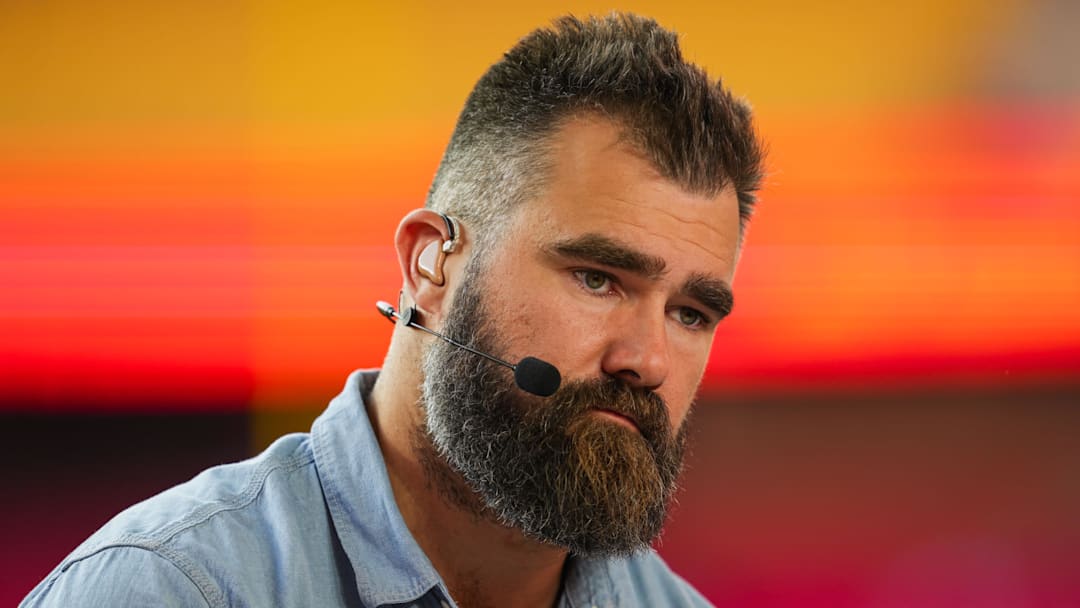 Former Eagles center Jason Kelce prior to a game between the Saints and the Chiefs on Oct. 7, 2024.