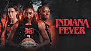 Indiana Fever stars Caitlin Clark (left), Aliyah Boston (center), and Kelsey Mitchell (right)) appear in promotional photo for the team's collaboration with Netflix's 'Stranger Things' television series
