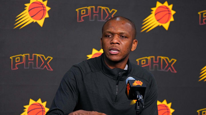 Suns GM James Jones speaks with the press during a press conference at the Footprint Center in Phoenix on May 1, 2024.