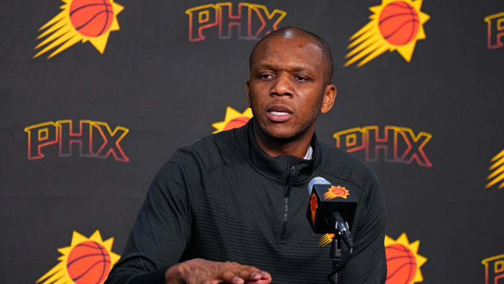 Suns GM James Jones speaks with the press during a press conference at the Footprint Center in Phoenix on May 1, 2024.