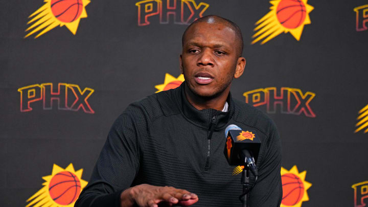 Suns GM James Jones speaks with the press during a press conference at the Footprint Center in Phoenix on May 1, 2024.