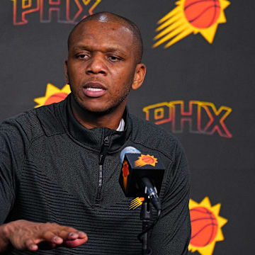 Suns GM James Jones speaks with the press during a press conference at the Footprint Center in Phoenix on May 1, 2024.