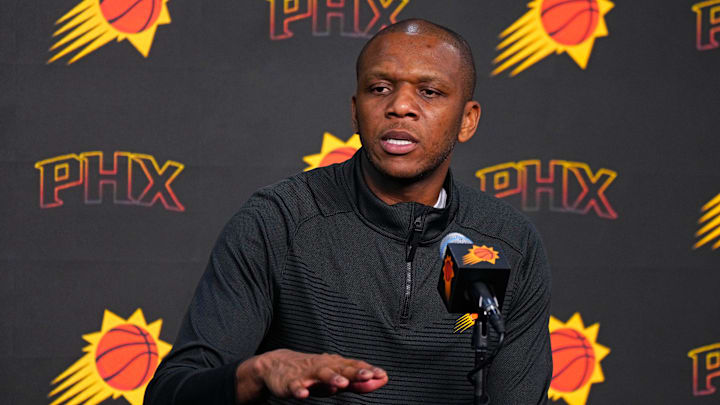 Suns GM James Jones speaks with the press during a press conference at the Footprint Center in Phoenix on May 1, 2024.