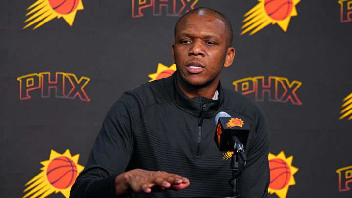 Suns GM James Jones speaks with the press during a press conference at the Footprint Center in Phoenix on May 1, 2024.