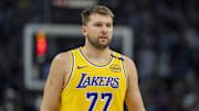 Apr 25, 2025; Minneapolis, Minnesota, USA; Los Angeles Lakers guard Luka Doncic (77) looks on against the Minnesota Timberwolves in the first half during game three of first round for the 2024 NBA Playoffs at Target Center. Mandatory Credit: Jesse Johnson-Imagn Images