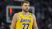 Los Angeles Lakers guard Luka Doncic looks on against the Minnesota Timberwolves in the first half during game three of first round for the 2024 NBA Playoffs at Target Center. 