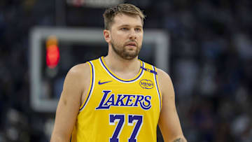 Los Angeles Lakers guard Luka Doncic looks on against the Minnesota Timberwolves in the first half during game three of first round for the 2024 NBA Playoffs at Target Center. 
