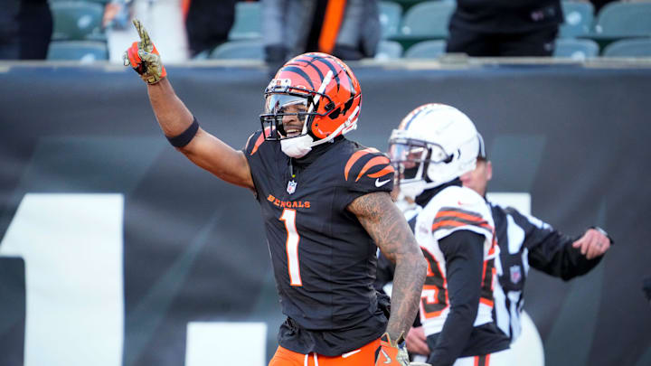 Cincinnati Bengals wide receiver Ja'Marr Chase (1) celebrates a touchdown reception in the fourth quarter of the NFL Week 16 game between the Cincinnati Bengals and the Cleveland Browns at Paycor Stadium in downtown Cincinnati on Sunday, Dec. 22, 2024. The Bengals won 24-16. Cincinnati Bengals wide receiver Ja'Marr Chase (1) celebrates a touchdown reception in the fourth quarter of the NFL Week 16 game between the Cincinnati Bengals and the Cleveland Browns at Paycor Stadium in downtown Cincinnati on Sunday, Dec. 22, 2024. The Bengals won 24-16.