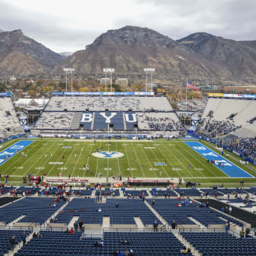 Nov 18, 2023; Provo, Utah, USA; A general view of LaVell Edwards Stadium before the game between the Brigham Young Cougars and the Oklahoma Sooners. Mandatory Credit: Rob Gray-USA TODAY Sports