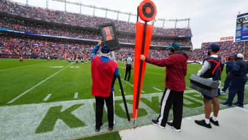 Sep 10, 2023; Denver, Colorado, USA; General view of a first down marker during the fourth quarter of the game between the Las Vegas Raiders against the Denver Broncos at Empower Field at Mile High. Mandatory Credit: Ron Chenoy-USA TODAY Sports