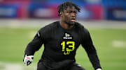 Feb 27, 2025; Indianapolis, IN, USA; South Carolina linebacker Demetrius Knight (LB13) participates in drills during the 2025 NFL Combine at Lucas Oil Stadium. Mandatory Credit: Kirby Lee-Imagn Images