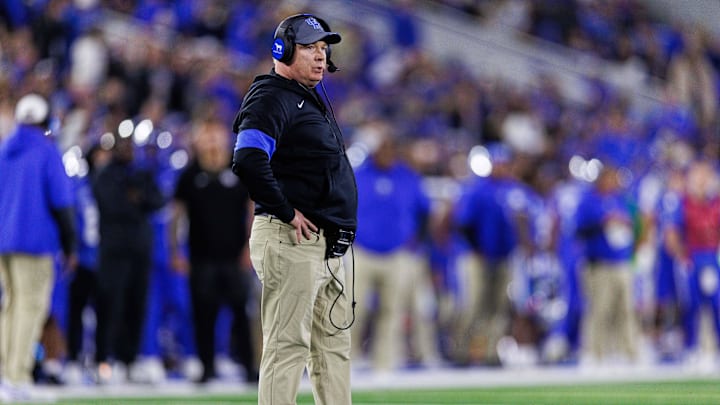Oct 26, 2024; Lexington, Kentucky, USA; Kentucky Wildcats head coach Mark Stoops looks on during the second quarter against the Auburn Tigers at Kroger Field. Mandatory Credit: Jordan Prather-Imagn Images