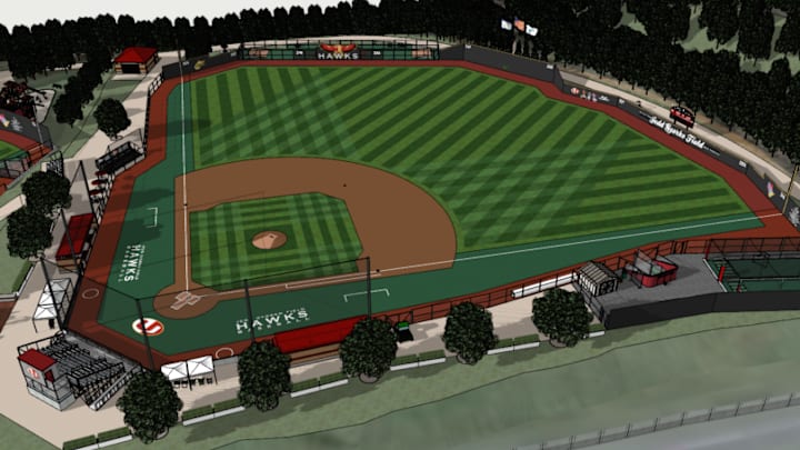 An architectural rendering of the planned baseball field at University High in West Virginia, part of the Ronald "Duke" Pride Sports Complex.