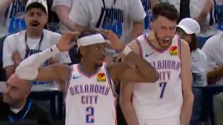Oklahoma City Thunder stars Shai Gilgeous-Alexander and Chet Holmgren react to their teammate's shot. Oklahoma City Thunder stars Shai Gilgeous-Alexander and Chet Holmgren react to their teammate's shot.
