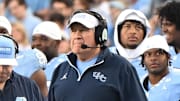 Nov 22, 2025; Chapel Hill, North Carolina, USA; North Carolina Tar Heels head coach Bill Belichick watches play during the first half at Kenan Stadium. Mandatory Credit: William Howard-Imagn Images