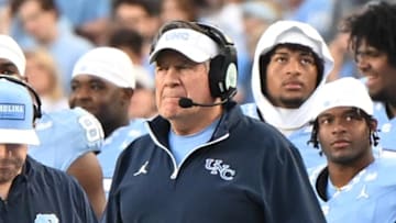 Nov 22, 2025; Chapel Hill, North Carolina, USA; North Carolina Tar Heels head coach Bill Belichick watches play during the first half at Kenan Stadium. Mandatory Credit: William Howard-Imagn Images