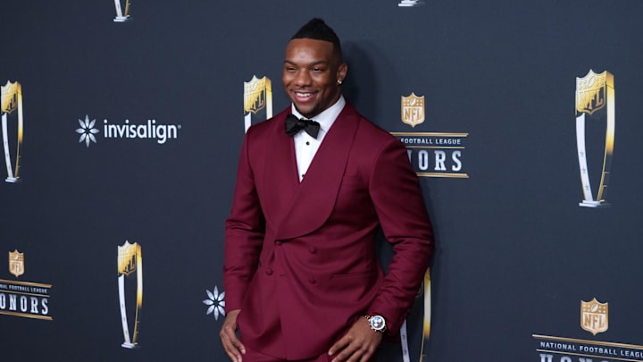 Feb 5, 2026; San Francisco, CA, USA; Bijan Robinson poses on the NFL Honors Red Carpet before Super Bowl LX at Palace of Fine Arts. Mandatory Credit: Kirby Lee-Imagn Images