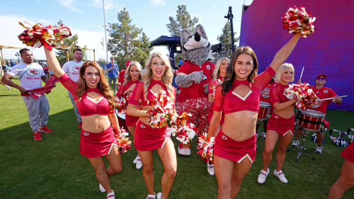 Feb 12, 2023; Glendale, Arizona, US; Kansas City Chiefs cheerleaders and KC Wolf before Super Bowl