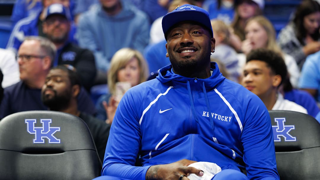 Oct 11, 2025; Lexington, KY, USA; Former Kentucky Wildcat and NBA player John Wall watches the action from the bench during Big Blue Madness at Rupp Arena at Central Bank Center. Mandatory Credit: Jordan Prather-Imagn Images
