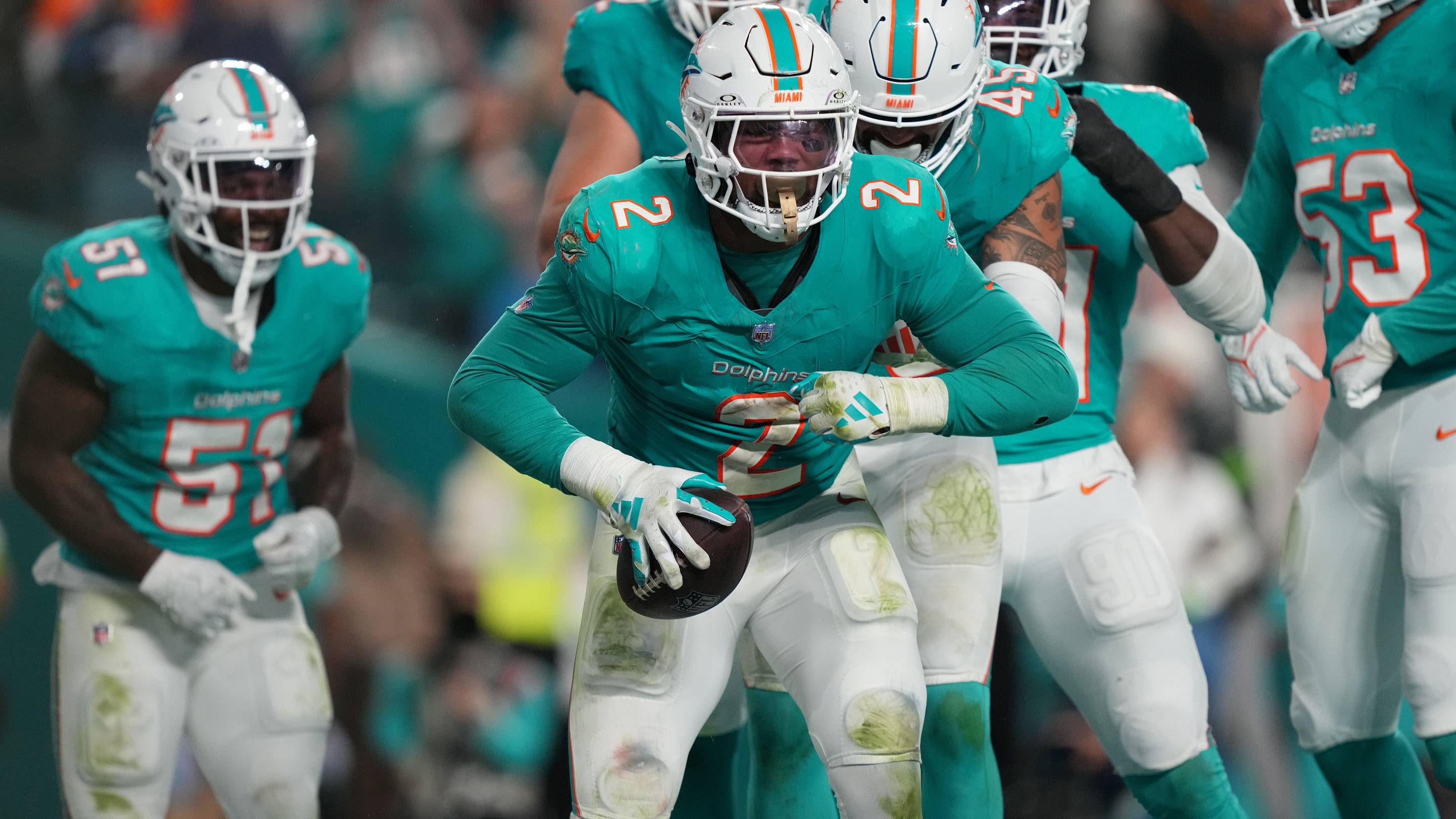 Miami Dolphins linebacker Bradley Chubb (2) celebrates recovering a fumble against the Tennessee Titans during the second half of an NFL game at Hard Rock Stadium in Miami Gardens, Dec. 11, 2023.
