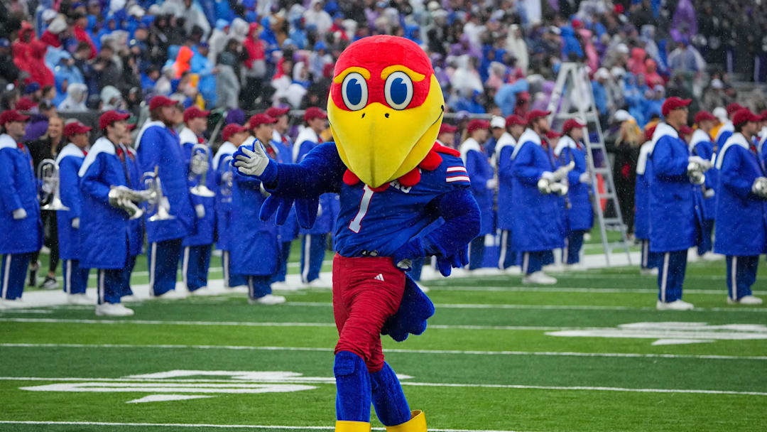 Oct 25, 2025; Lawrence, Kansas, USA; The Kansas Jayhawks mascot Big Jay performs against the Kansas State Wildcats prior to a game at David Booth Kansas Memorial Stadium. Mandatory Credit: Denny Medley-Imagn Images