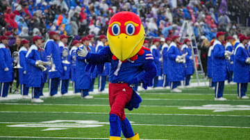 Oct 25, 2025; Lawrence, Kansas, USA; The Kansas Jayhawks mascot Big Jay performs against the Kansas State Wildcats prior to a game at David Booth Kansas Memorial Stadium. Mandatory Credit: Denny Medley-Imagn Images