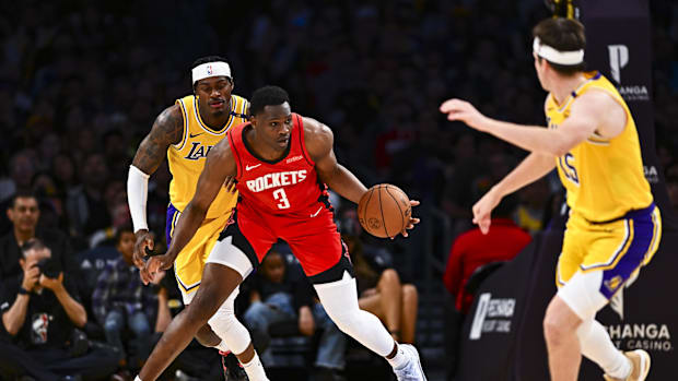 Houston Rockets center N'Faly Dante (3) moves the ball against the Los Angeles Lakers