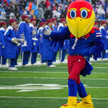 Oct 25, 2025; Lawrence, Kansas, USA; The Kansas Jayhawks mascot Big Jay performs against the Kansas State Wildcats prior to a game at David Booth Kansas Memorial Stadium. Mandatory Credit: Denny Medley-Imagn Images