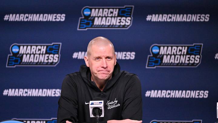 Mar 19, 2026; St. Louis, MO, USA; Kentucky Wildcats head coach Mark Pope talks with the media during a practice session ahead of the first round of the men's 2026 NCAA Tournament at Enterprise Center. Mandatory Credit: Jeff Curry-Imagn Images