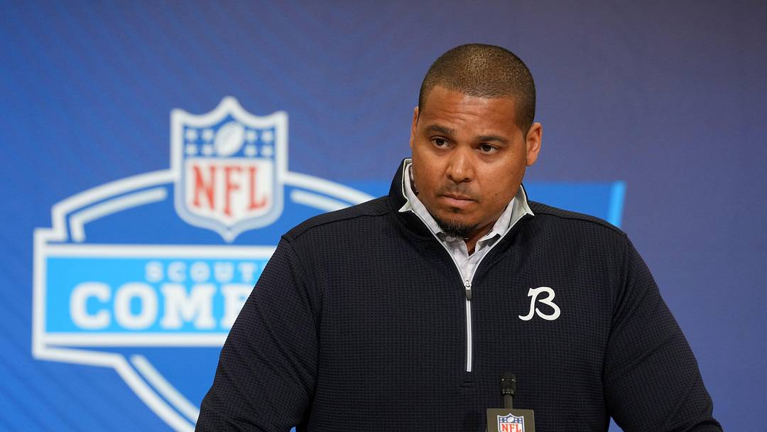 Feb 24, 2026; Indianapolis, IN, USA; Chicago Bears general manager Ryan Poles speaks at the NFL Scouting Combine at the Indiana Convention Center. Mandatory Credit: Kirby Lee-Imagn Images
