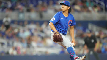 Aug 24, 2024; Miami, Florida, USA;  Chicago Cubs starting pitcher Shota Imanaga (18) pitches against the Miami Marlins in the first inning at loanDepot Park.