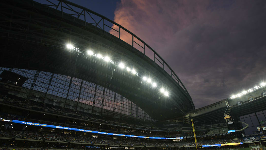 Aug 27, 2024; Milwaukee, Wisconsin, USA;  General view of American Family Field during the second inning of the game between the San Francisco Giants and Milwaukee Brewers. Mandatory Credit: Jeff Hanisch-Imagn Images