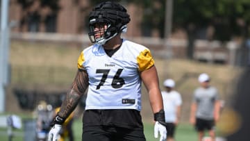 Jul 28, 2024; Latrobe, PA, USA; Pittsburgh Steelers offensive tackle Troy Fautanu (76) participates in drills during training camp at Saint Vincent College. Mandatory Credit: Barry Reeger-USA TODAY Sports