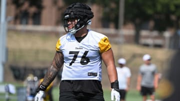 Jul 28, 2024; Latrobe, PA, USA; Pittsburgh Steelers offensive tackle Troy Fautanu (76) participates in drills during training camp at Saint Vincent College. Mandatory Credit: Barry Reeger-USA TODAY Sports