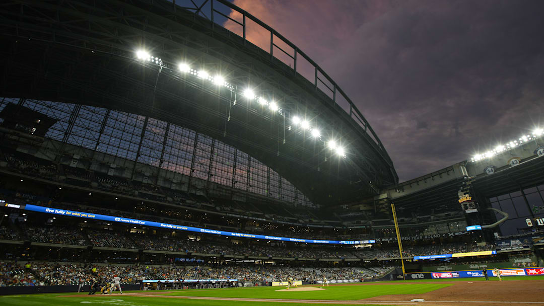 Aug 27, 2024; Milwaukee, Wisconsin, USA;  General view of American Family Field during the second inning of the game between the San Francisco Giants and Milwaukee Brewers. Mandatory Credit: Jeff Hanisch-Imagn Images