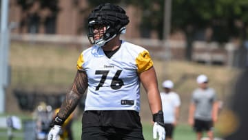 Jul 28, 2024; Latrobe, PA, USA; Pittsburgh Steelers offensive tackle Troy Fautanu (76) participates in drills during training camp at Saint Vincent College. Mandatory Credit: Barry Reeger-USA TODAY Sports