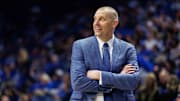 Feb 8, 2025; Lexington, Kentucky, USA; Kentucky Wildcats head coach Mark Pope looks on during the second half against the South Carolina Gamecocks at Rupp Arena at Central Bank Center. Mandatory Credit: Jordan Prather-Imagn Images
