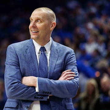 Feb 8, 2025; Lexington, Kentucky, USA; Kentucky Wildcats head coach Mark Pope looks on during the second half against the South Carolina Gamecocks at Rupp Arena at Central Bank Center. Mandatory Credit: Jordan Prather-Imagn Images