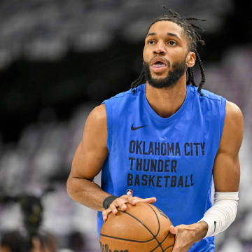 May 13, 2024; Dallas, Texas, USA; Oklahoma City Thunder guard Isaiah Joe (11) warms up before the game between the Dallas Mavericks and the Oklahoma City Thunder in game four of the second round for the 2024 NBA playoffs at American Airlines Center. Mandatory Credit: Jerome Miron-USA TODAY Sports