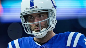 Indianapolis Colts quarterback Joe Flacco (15) waits for teammates on the field during pregame warm-up Sunday, Nov. 10, 2024, ahead of a game against the Buffalo Bills at Lucas Oil Stadium in Indianapolis.