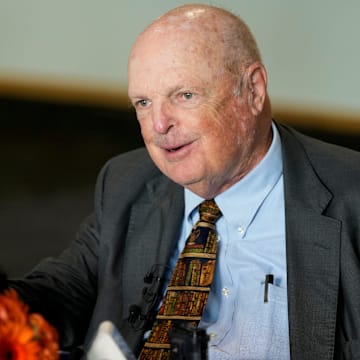 Cincinnati Bengals team owner Mike Brown greets the press during the annual Cincinnati Bengals media day event at Paycor Stadium in downtown Cincinnati on Monday, July 21, 2025.
