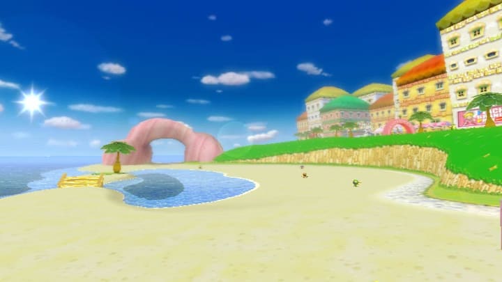 A peach by a tropical town in Mario Kart Double Dash.