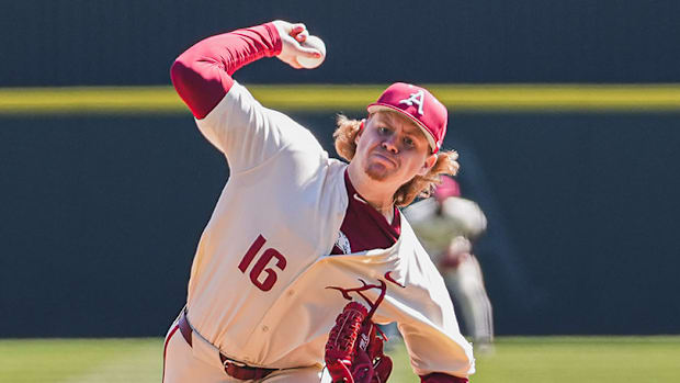 Aiden Jimenez throws a pitch against Portland