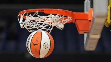May 25, 2023; Los Angeles, California, USA; Wilson official basketball with WNBA logo goes through the net.
