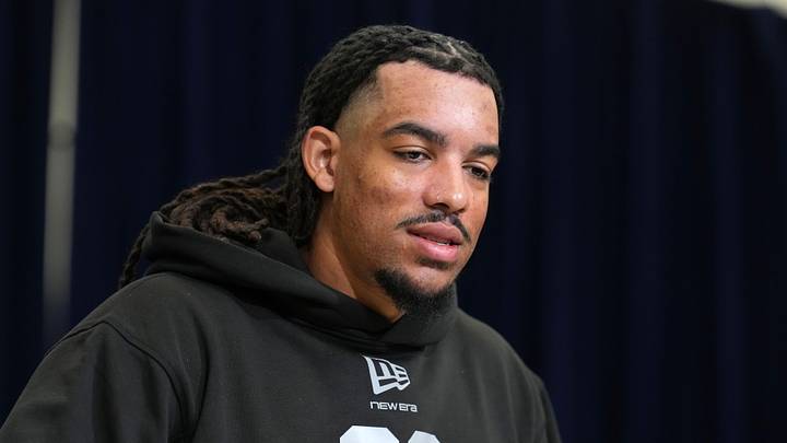 Feb 25, 2026; Indianapolis, IN, USA; TCU linebacker Kaleb Elarms-Orr (LB06) speaks during the NFL Scouting Combine at the Indiana Convention Center. Mandatory Credit: Kirby Lee-Imagn Images