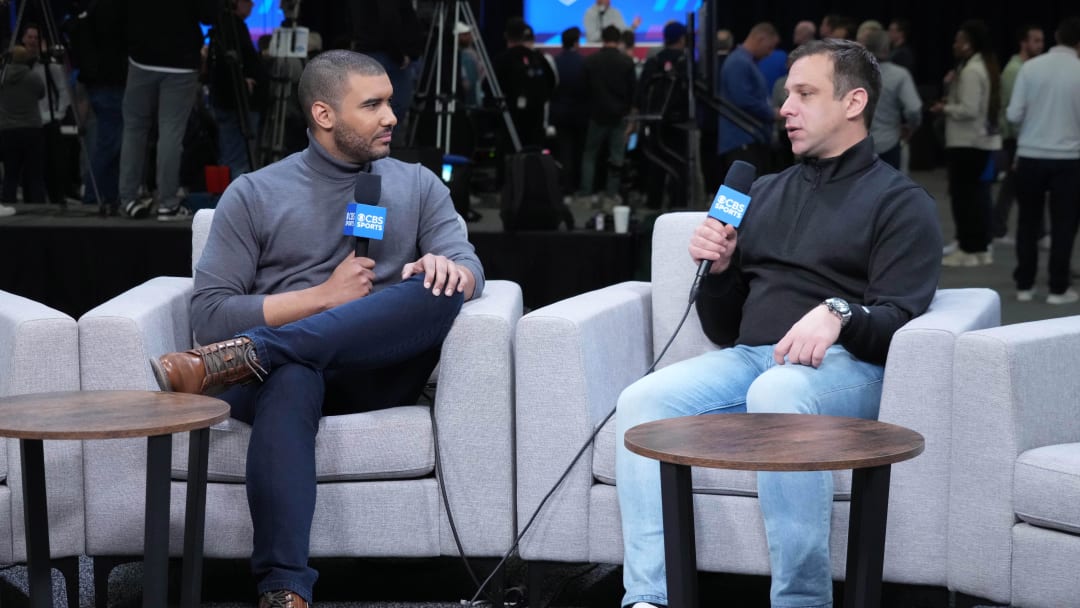 Feb 27, 2024; Indianapolis, IN, USA; CBS Sports lead insider reporter Jonathan Jones (left) interviews Kansas City Chiefs general manager Brett Veach during the NFL Scouting Combine at Indiana Convention Center. Mandatory Credit: Kirby Lee-USA TODAY Sports