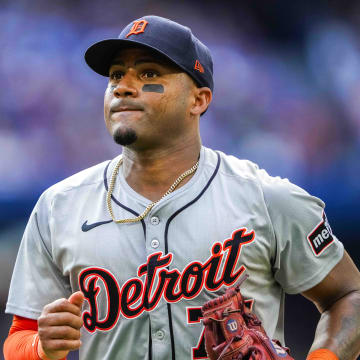 Jul 20, 2024; Toronto, Ontario, CAN; Detroit Tigers second base Andy Ibanez (77) looks on against the Toronto Blue Jays at Rogers Centre. Mandatory Credit: Kevin Sousa-USA TODAY Sports