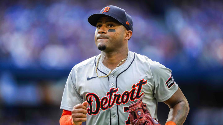 Jul 20, 2024; Toronto, Ontario, CAN; Detroit Tigers second base Andy Ibanez (77) looks on against the Toronto Blue Jays at Rogers Centre. Mandatory Credit: Kevin Sousa-USA TODAY Sports