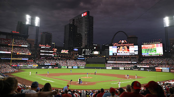 Jul 29, 2023; St. Louis, Missouri, USA;  A general view of Busch Stadium during the second inning of a game between the St. Louis Cardinals and the Chicago Cubs. Mandatory Credit: Jeff Curry-Imagn Images